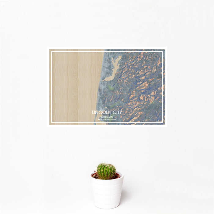 12x18 Lincoln City Oregon Map Print Landscape Orientation in Afternoon Style With Small Cactus Plant in White Planter