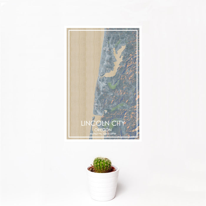 12x18 Lincoln City Oregon Map Print Portrait Orientation in Afternoon Style With Small Cactus Plant in White Planter
