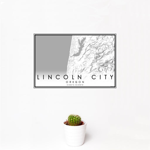 12x18 Lincoln City Oregon Map Print Landscape Orientation in Classic Style With Small Cactus Plant in White Planter