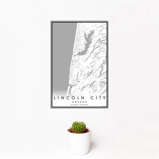 12x18 Lincoln City Oregon Map Print Portrait Orientation in Classic Style With Small Cactus Plant in White Planter