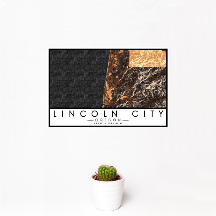 12x18 Lincoln City Oregon Map Print Landscape Orientation in Ember Style With Small Cactus Plant in White Planter