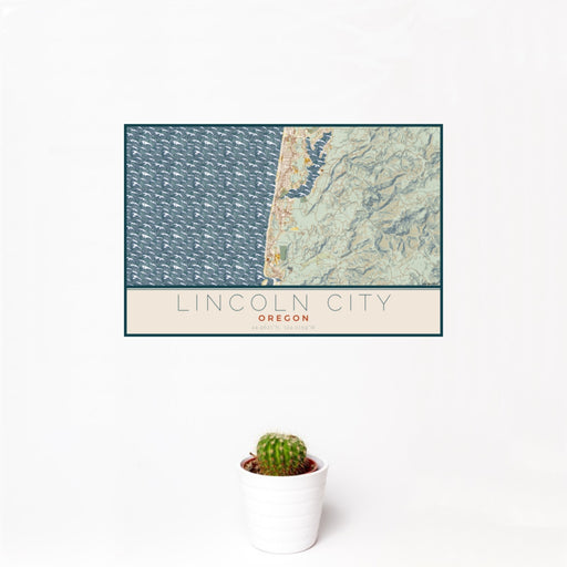 12x18 Lincoln City Oregon Map Print Landscape Orientation in Woodblock Style With Small Cactus Plant in White Planter