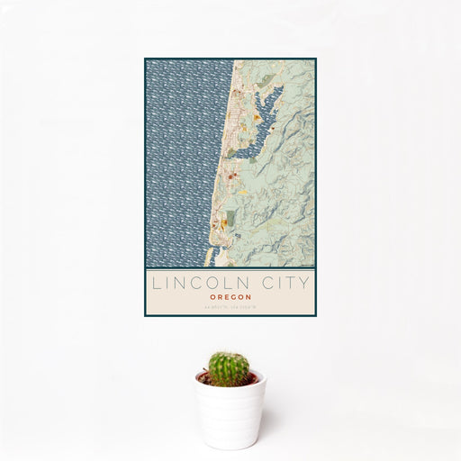 12x18 Lincoln City Oregon Map Print Portrait Orientation in Woodblock Style With Small Cactus Plant in White Planter