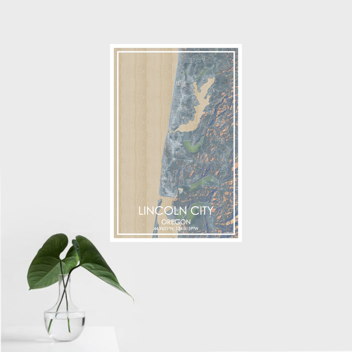 16x24 Lincoln City Oregon Map Print Portrait Orientation in Afternoon Style With Tropical Plant Leaves in Water