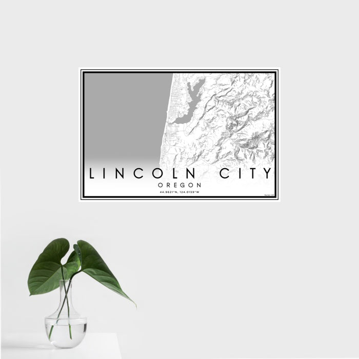 16x24 Lincoln City Oregon Map Print Landscape Orientation in Classic Style With Tropical Plant Leaves in Water