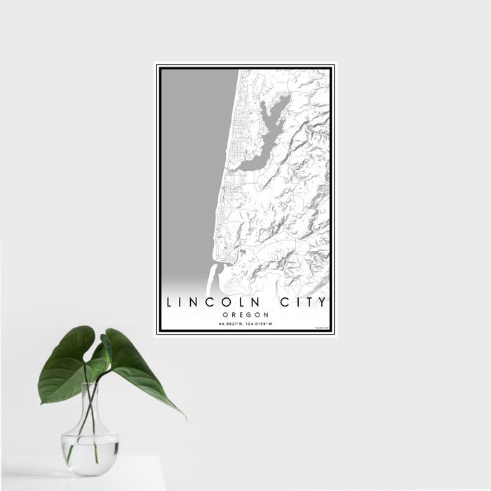 16x24 Lincoln City Oregon Map Print Portrait Orientation in Classic Style With Tropical Plant Leaves in Water