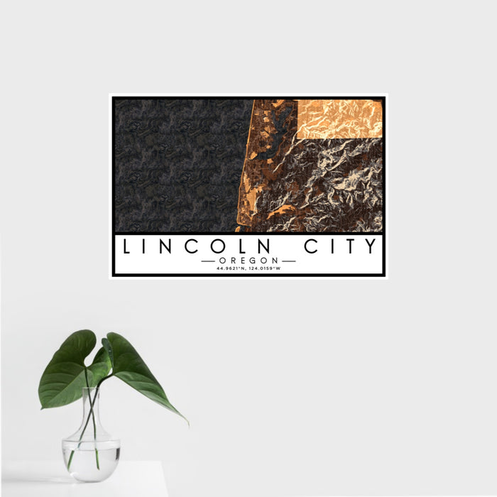 16x24 Lincoln City Oregon Map Print Landscape Orientation in Ember Style With Tropical Plant Leaves in Water