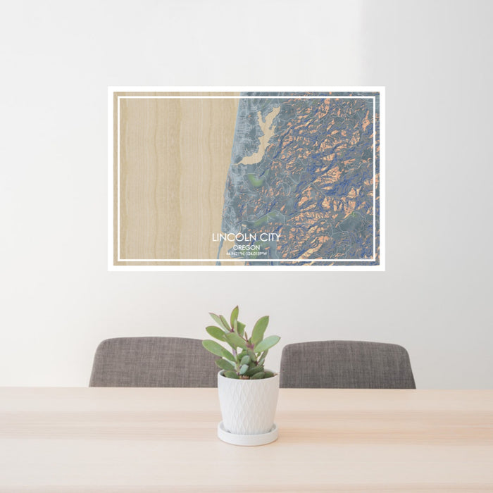 24x36 Lincoln City Oregon Map Print Lanscape Orientation in Afternoon Style Behind 2 Chairs Table and Potted Plant