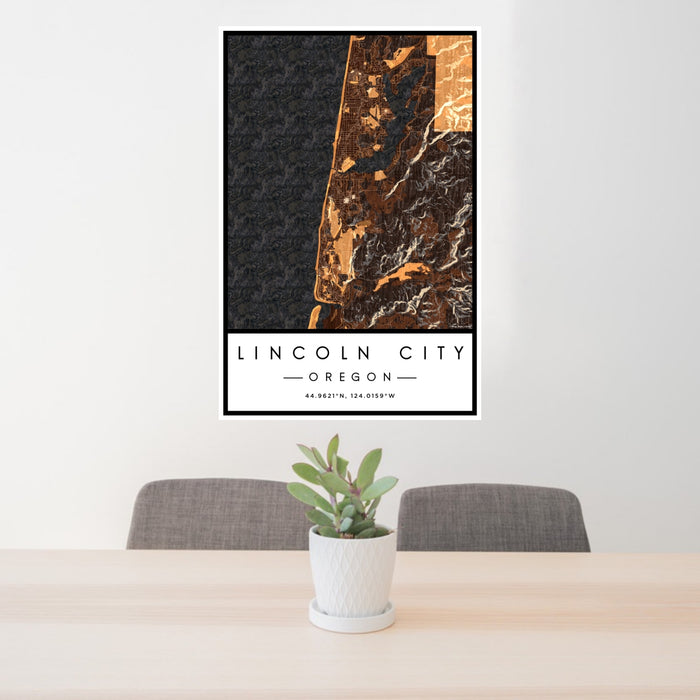 24x36 Lincoln City Oregon Map Print Portrait Orientation in Ember Style Behind 2 Chairs Table and Potted Plant