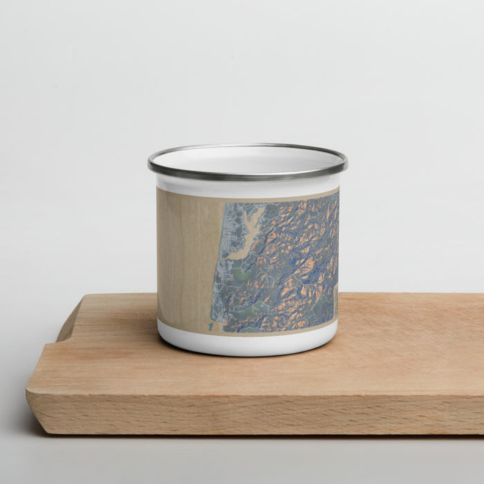 Front View Custom Lincoln City Oregon Map Enamel Mug in Afternoon on Cutting Board