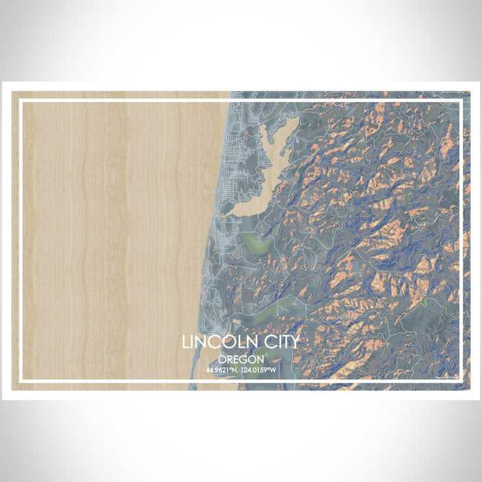 Lincoln City Oregon Map Print Landscape Orientation in Afternoon Style With Shaded Background