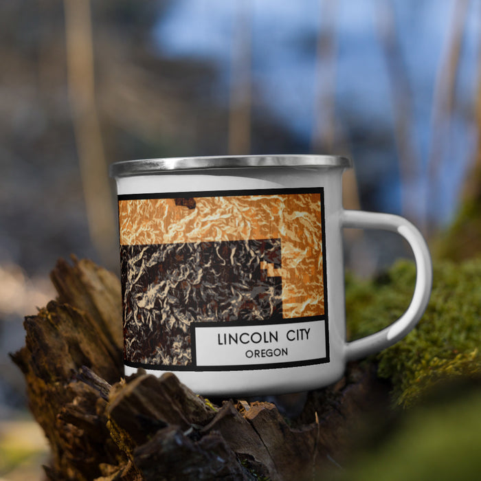 Right View Custom Lincoln City Oregon Map Enamel Mug in Ember on Grass With Trees in Background