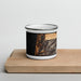 Front View Custom Lincoln City Oregon Map Enamel Mug in Ember on Cutting Board