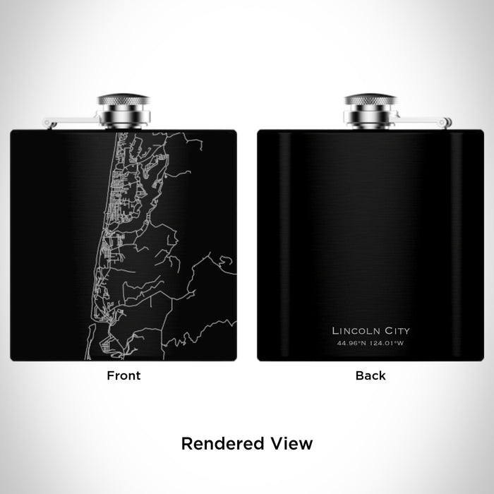 Rendered View of Lincoln City Oregon Map Engraving on 6oz Stainless Steel Flask in Black