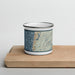 Front View Custom Lincoln City Oregon Map Enamel Mug in Woodblock on Cutting Board