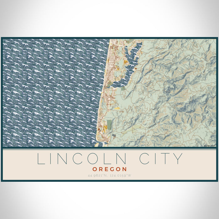 Lincoln City Oregon Map Print Landscape Orientation in Woodblock Style With Shaded Background