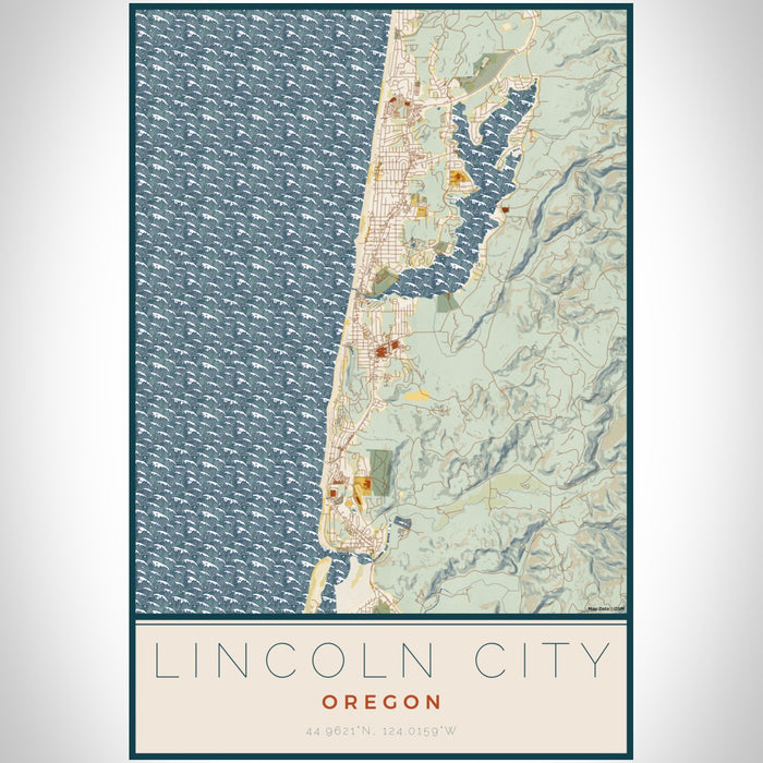 Lincoln City Oregon Map Print Portrait Orientation in Woodblock Style With Shaded Background