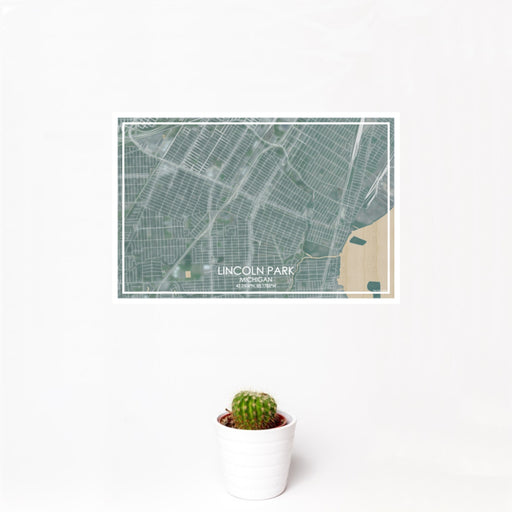 12x18 Lincoln Park Michigan Map Print Landscape Orientation in Afternoon Style With Small Cactus Plant in White Planter