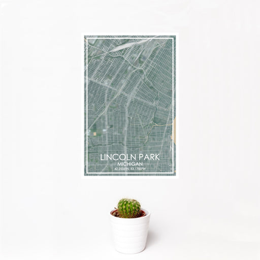 12x18 Lincoln Park Michigan Map Print Portrait Orientation in Afternoon Style With Small Cactus Plant in White Planter
