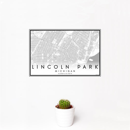 12x18 Lincoln Park Michigan Map Print Landscape Orientation in Classic Style With Small Cactus Plant in White Planter