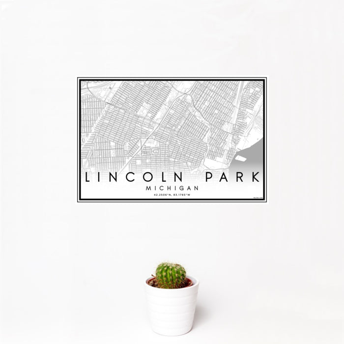 12x18 Lincoln Park Michigan Map Print Landscape Orientation in Classic Style With Small Cactus Plant in White Planter