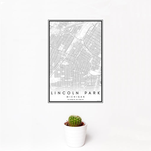 12x18 Lincoln Park Michigan Map Print Portrait Orientation in Classic Style With Small Cactus Plant in White Planter
