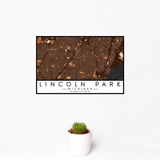 12x18 Lincoln Park Michigan Map Print Landscape Orientation in Ember Style With Small Cactus Plant in White Planter