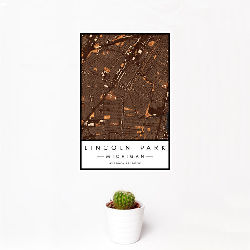 12x18 Lincoln Park Michigan Map Print Portrait Orientation in Ember Style With Small Cactus Plant in White Planter