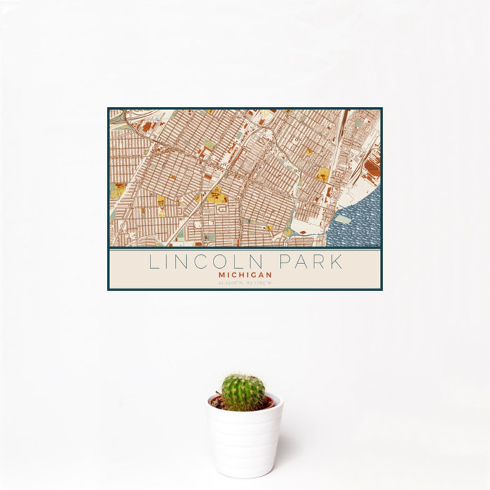 12x18 Lincoln Park Michigan Map Print Landscape Orientation in Woodblock Style With Small Cactus Plant in White Planter