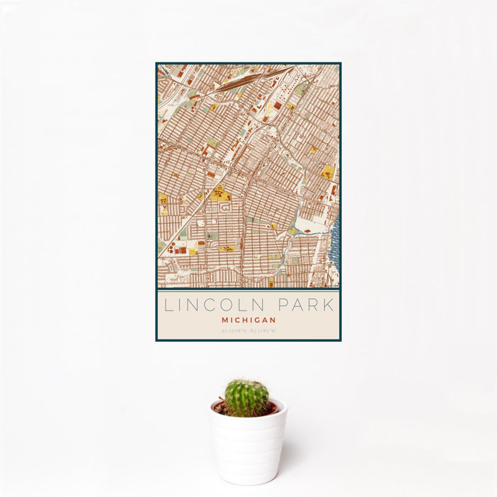 12x18 Lincoln Park Michigan Map Print Portrait Orientation in Woodblock Style With Small Cactus Plant in White Planter