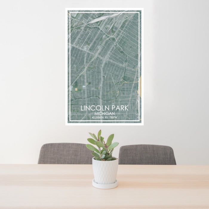 24x36 Lincoln Park Michigan Map Print Portrait Orientation in Afternoon Style Behind 2 Chairs Table and Potted Plant