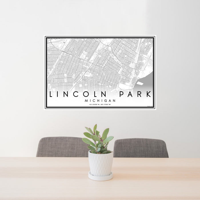 24x36 Lincoln Park Michigan Map Print Lanscape Orientation in Classic Style Behind 2 Chairs Table and Potted Plant