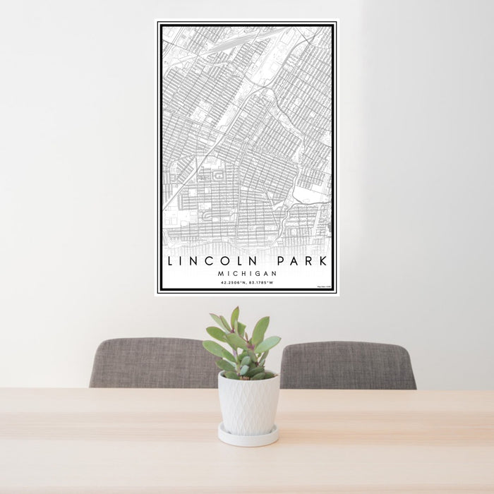 24x36 Lincoln Park Michigan Map Print Portrait Orientation in Classic Style Behind 2 Chairs Table and Potted Plant