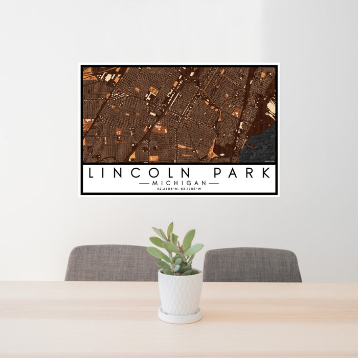 24x36 Lincoln Park Michigan Map Print Lanscape Orientation in Ember Style Behind 2 Chairs Table and Potted Plant
