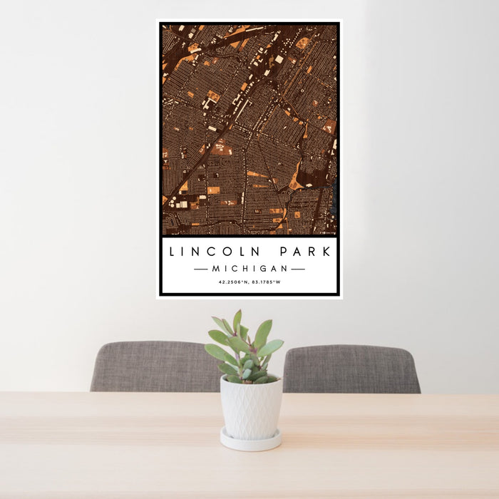 24x36 Lincoln Park Michigan Map Print Portrait Orientation in Ember Style Behind 2 Chairs Table and Potted Plant