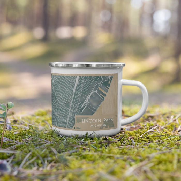 Right View Custom Lincoln Park Michigan Map Enamel Mug in Afternoon on Grass With Trees in Background
