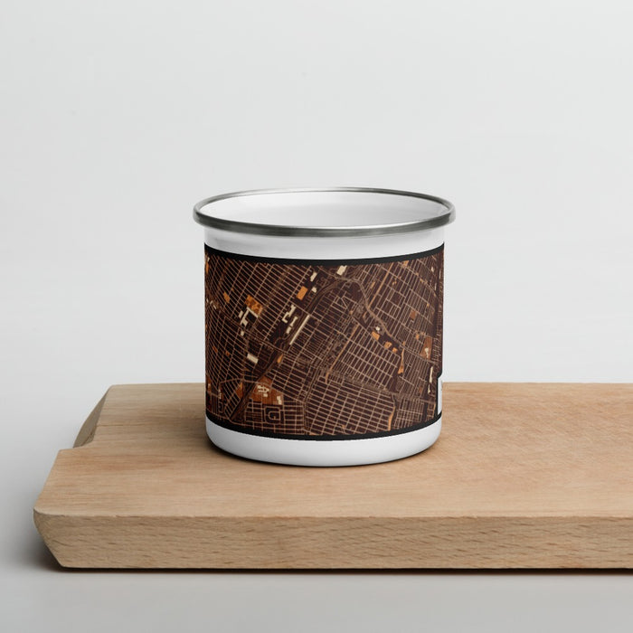 Front View Custom Lincoln Park Michigan Map Enamel Mug in Ember on Cutting Board