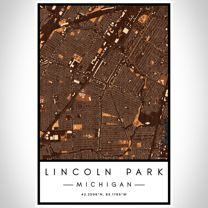 Lincoln Park Michigan Map Print Portrait Orientation in Ember Style With Shaded Background