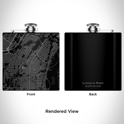 Rendered View of Lincoln Park Michigan Map Engraving on 6oz Stainless Steel Flask in Black