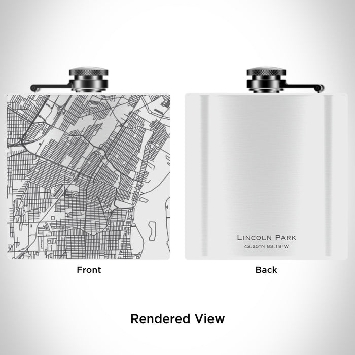 Rendered View of Lincoln Park Michigan Map Engraving on 6oz Stainless Steel Flask in White
