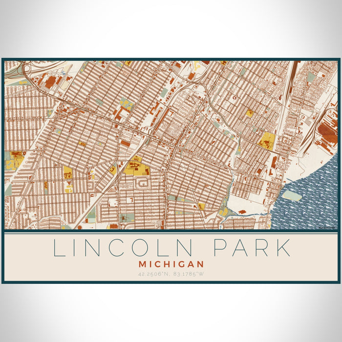 Lincoln Park Michigan Map Print Landscape Orientation in Woodblock Style With Shaded Background