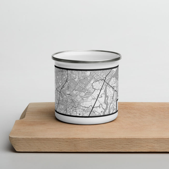 Front View Custom Linden New Jersey Map Enamel Mug in Classic on Cutting Board