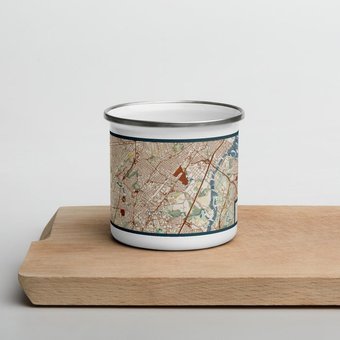 Front View Custom Linden New Jersey Map Enamel Mug in Woodblock on Cutting Board