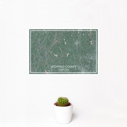 12x18 Litchfield County Connecticut Map Print Landscape Orientation in Afternoon Style With Small Cactus Plant in White Planter