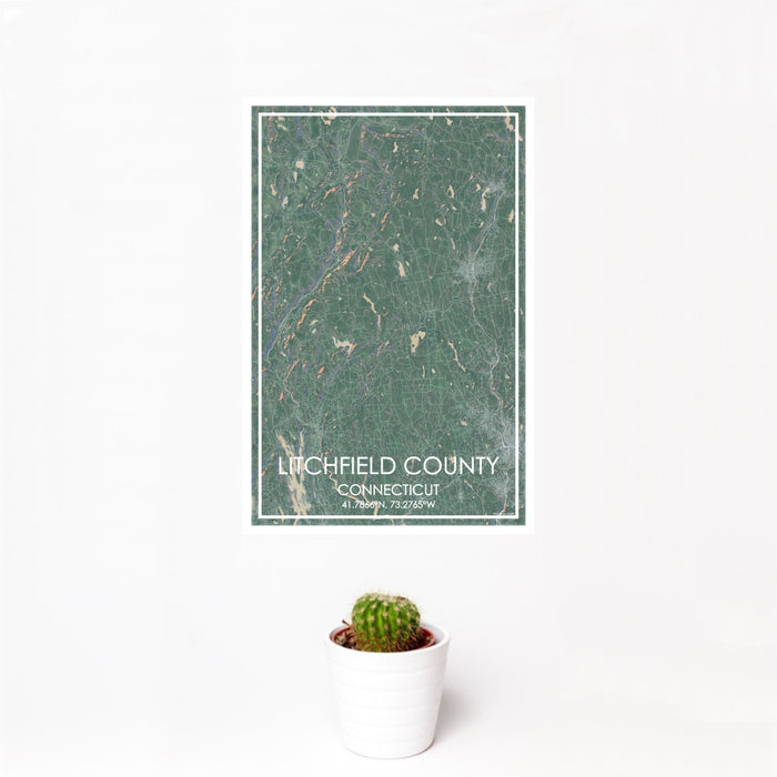 12x18 Litchfield County Connecticut Map Print Portrait Orientation in Afternoon Style With Small Cactus Plant in White Planter