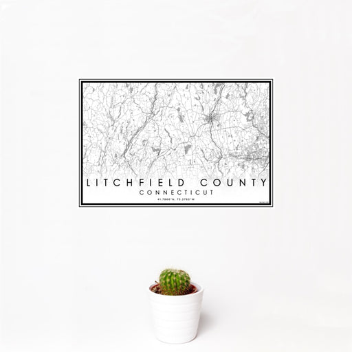 12x18 Litchfield County Connecticut Map Print Landscape Orientation in Classic Style With Small Cactus Plant in White Planter
