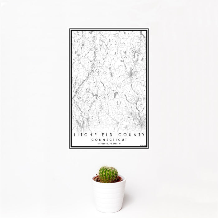 12x18 Litchfield County Connecticut Map Print Portrait Orientation in Classic Style With Small Cactus Plant in White Planter