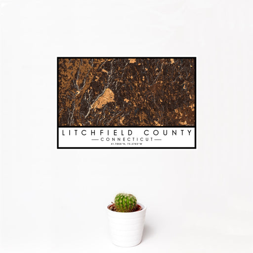 12x18 Litchfield County Connecticut Map Print Landscape Orientation in Ember Style With Small Cactus Plant in White Planter
