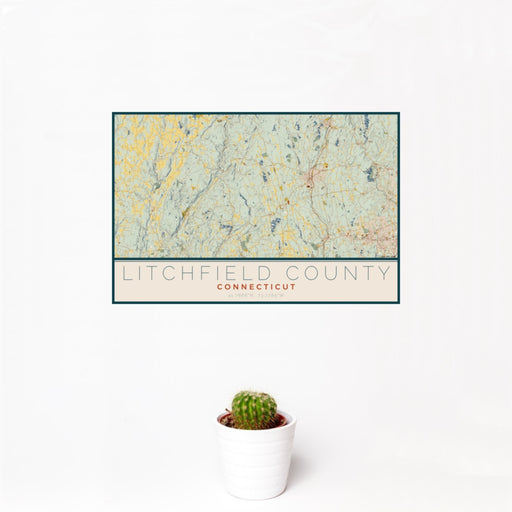 12x18 Litchfield County Connecticut Map Print Landscape Orientation in Woodblock Style With Small Cactus Plant in White Planter