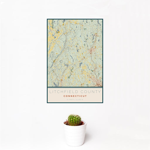 12x18 Litchfield County Connecticut Map Print Portrait Orientation in Woodblock Style With Small Cactus Plant in White Planter